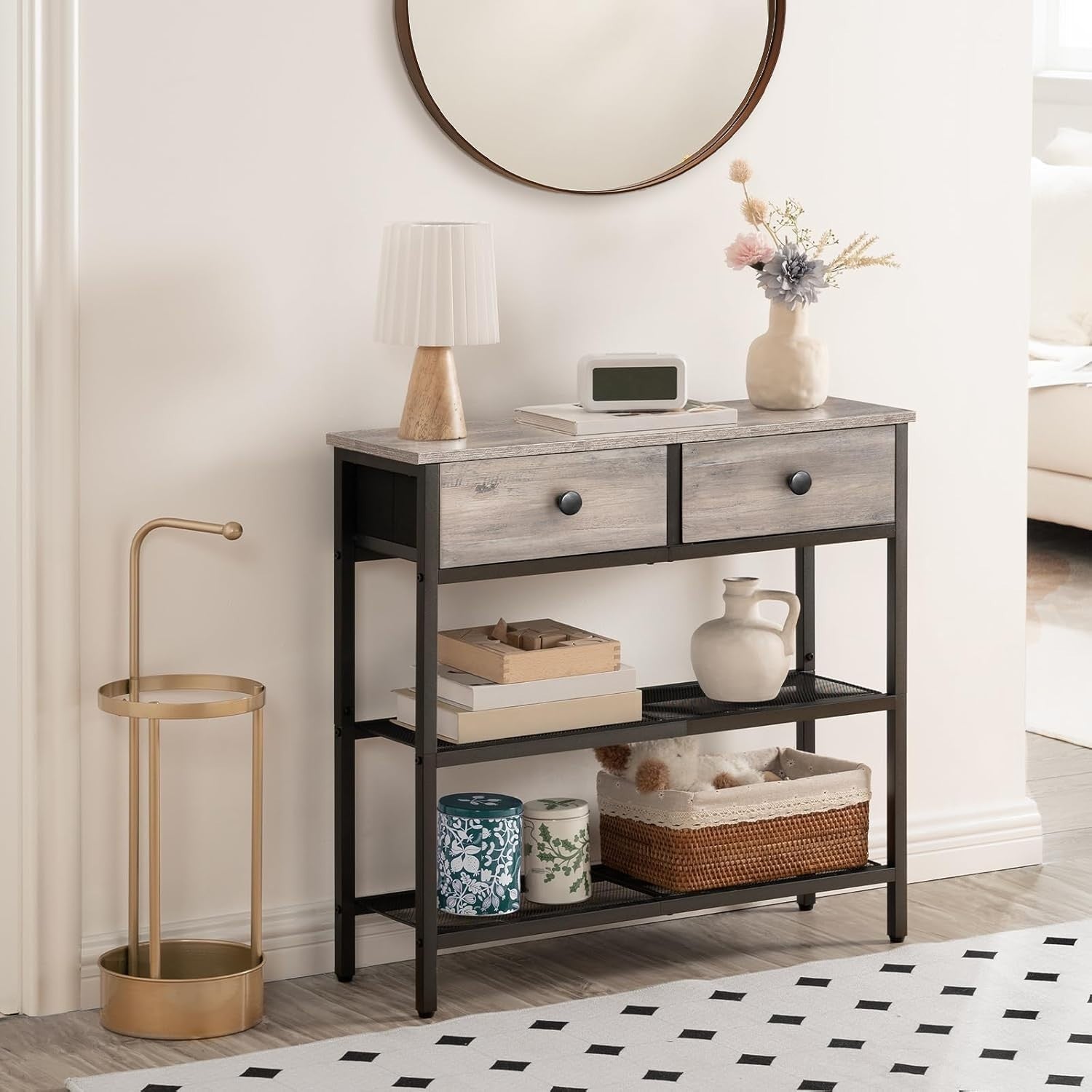 Slim Console Table with 2 Drawers, Storage Shelves, Adjustable Feet, Industrial