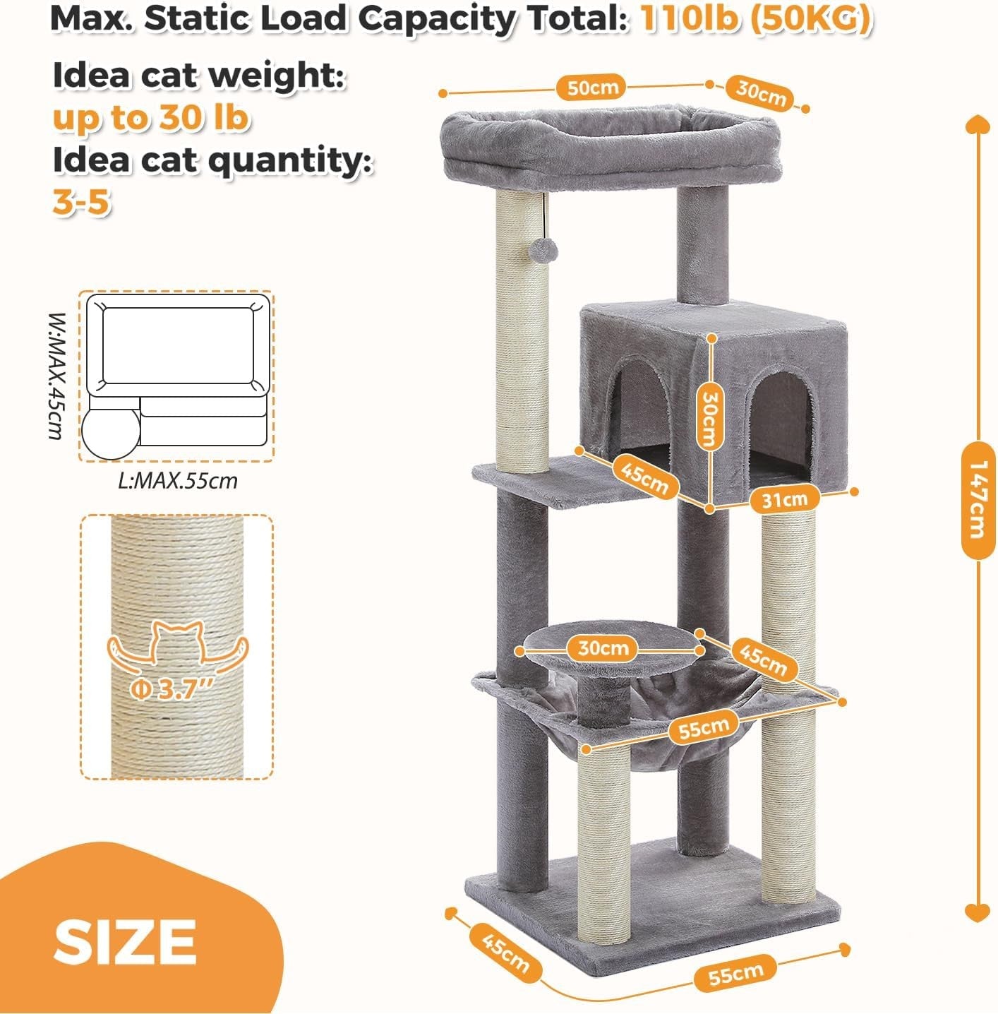 Large Cat Tree Tower 147cm Multi Level Thick Scratching Posts Hammock Condo