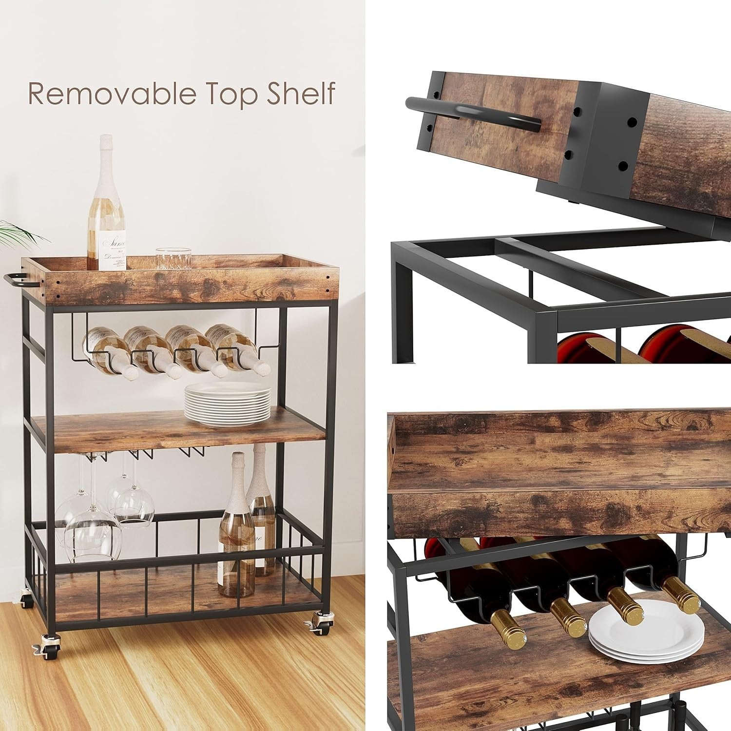 3 Tier Bar Cart Drinks Trolley with Wine Rack & Glass Holder