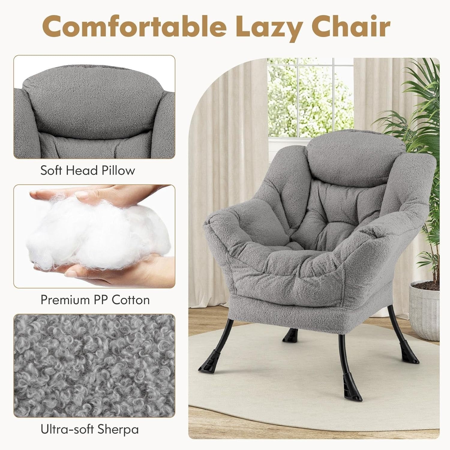 Grey Sherpa Armchair w/ Footstool Comfy Lounge Chair Sofa for Reading