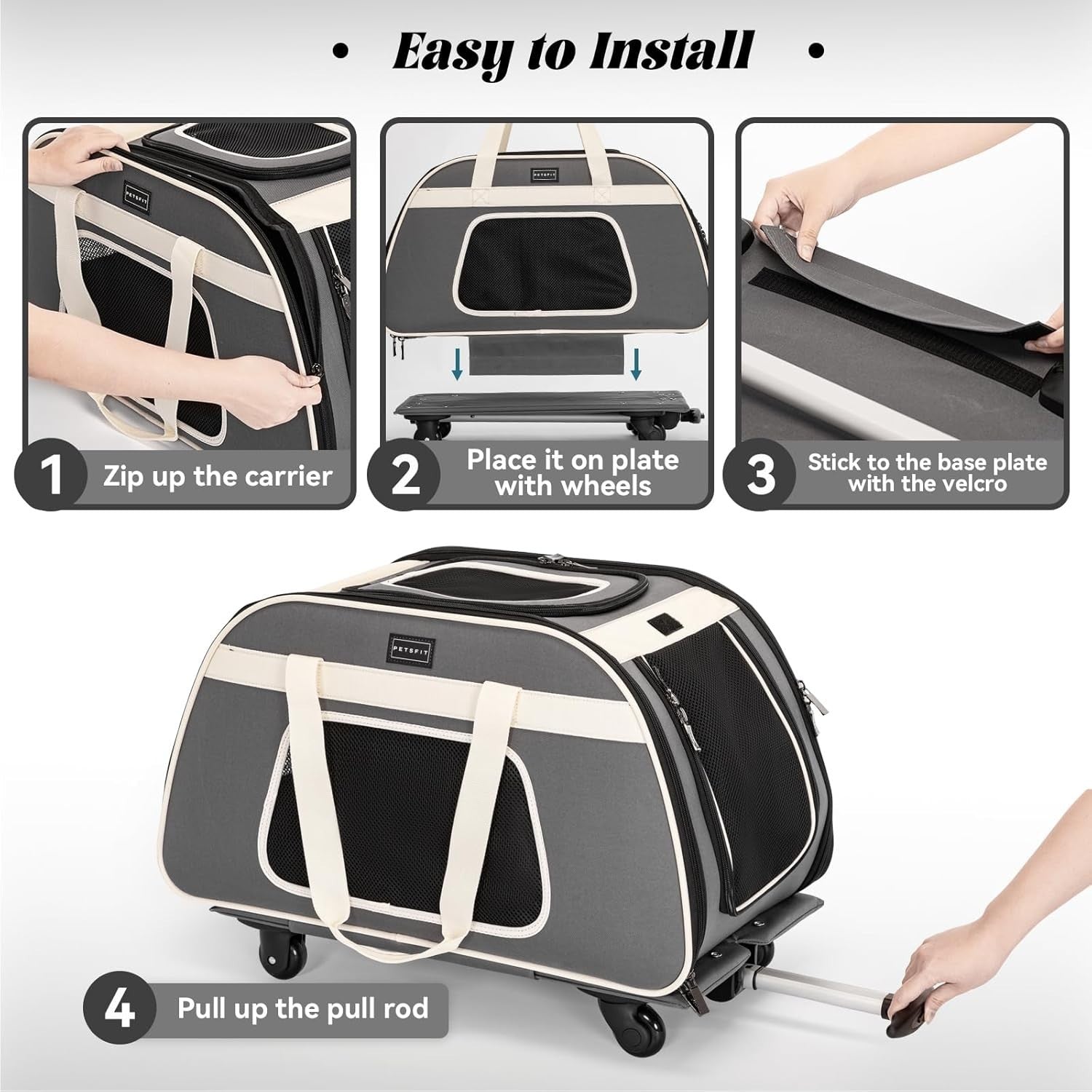 Rolling Pet Carrier with Wheels for Small Dogs & Cats, Portable Travel
