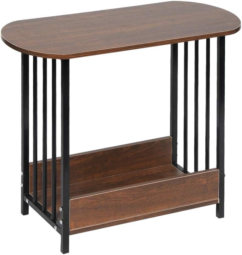 Oval Dark Walnut Side Table with 2-Tier Shelf – Modern Small Sofa Coffee Table