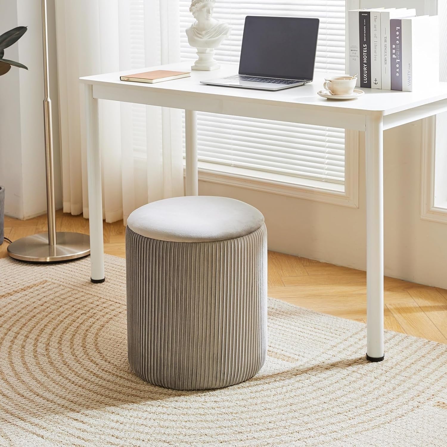 Set of 2 Round Storage Ottomans – Velvet Pouffe Stool Set for Bedroom & Living