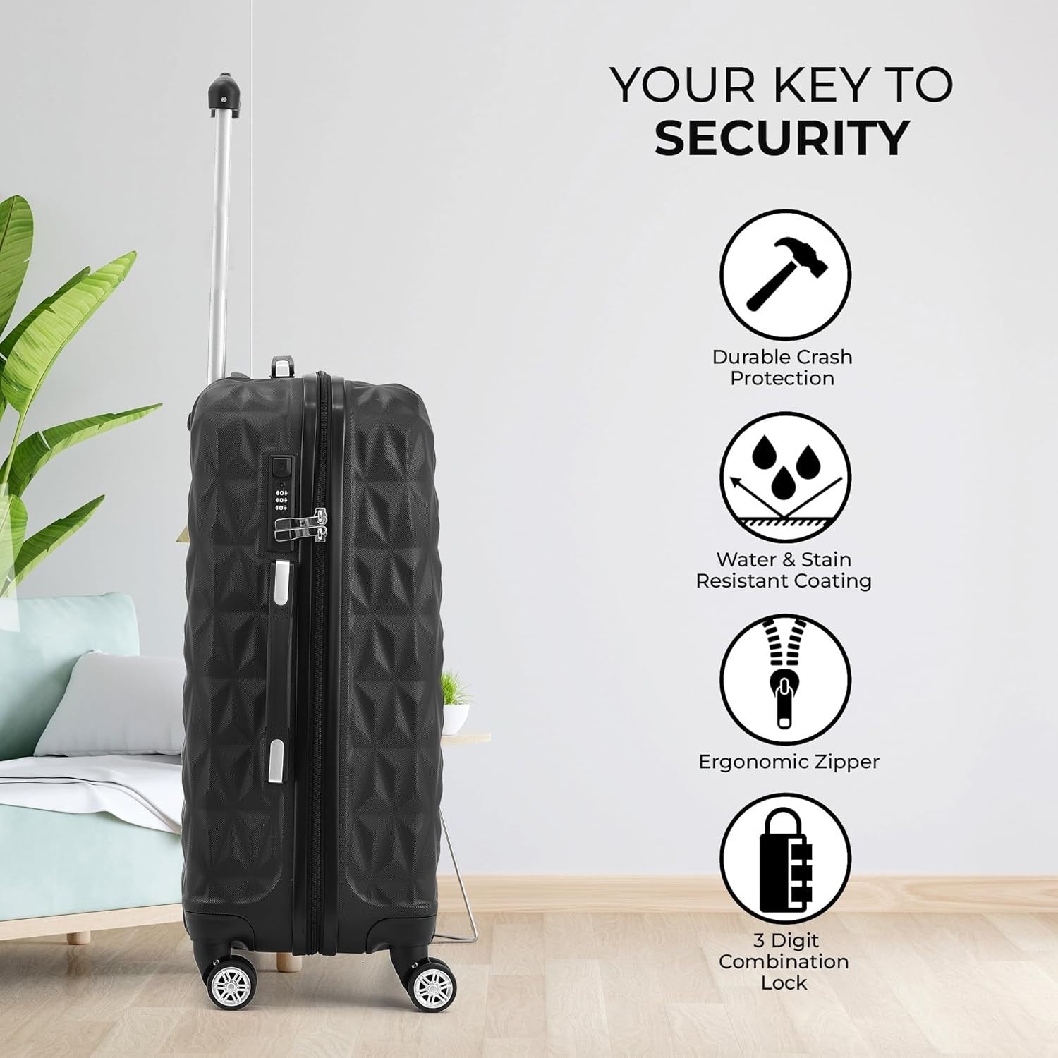 Black Medium Check In Suitcase 24 Inch ABS Hard Shell Spinner Wheels