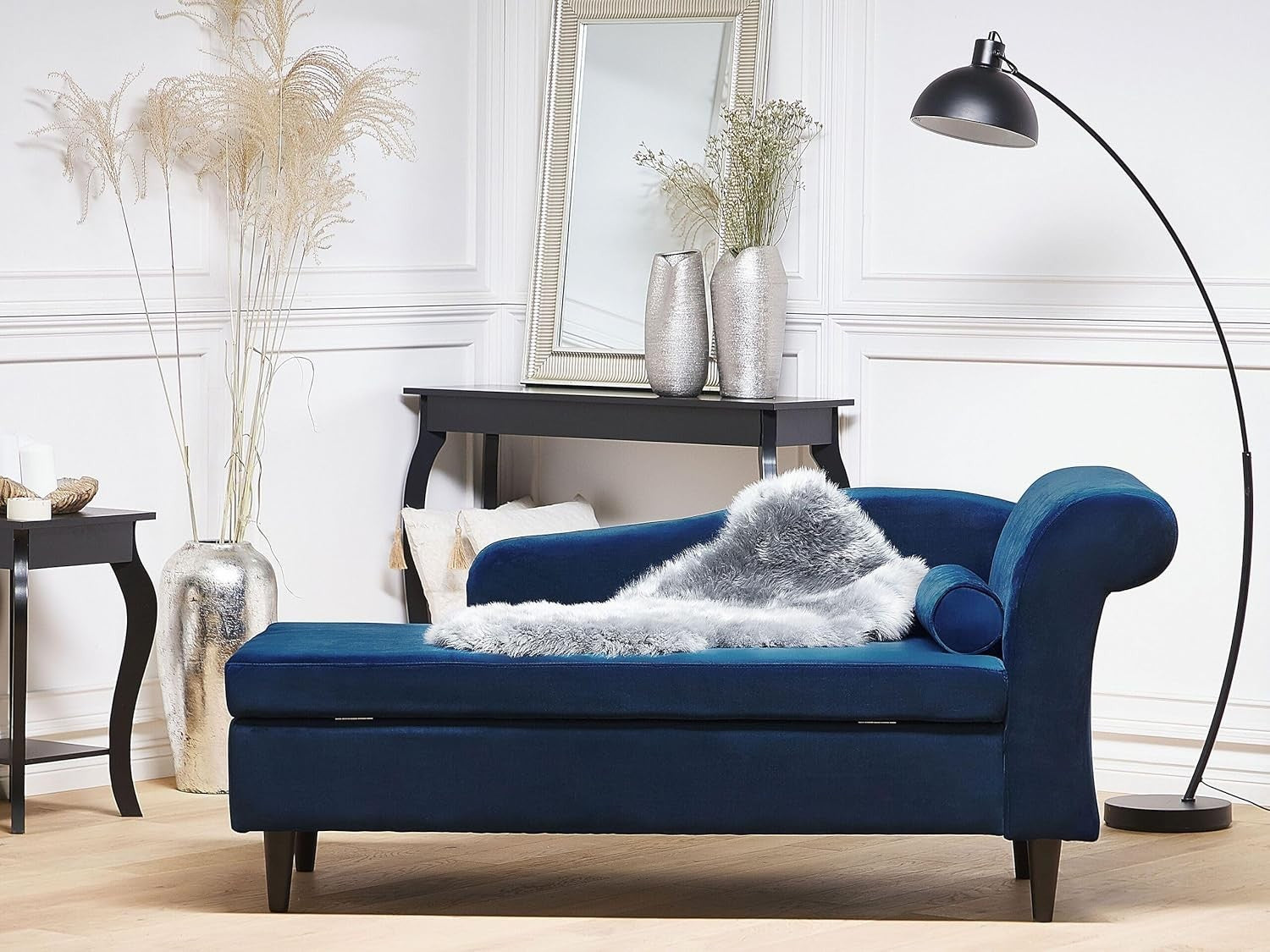 Navy Blue Velvet Right Hand Storage Chaise Lounge Solid Back Living Room