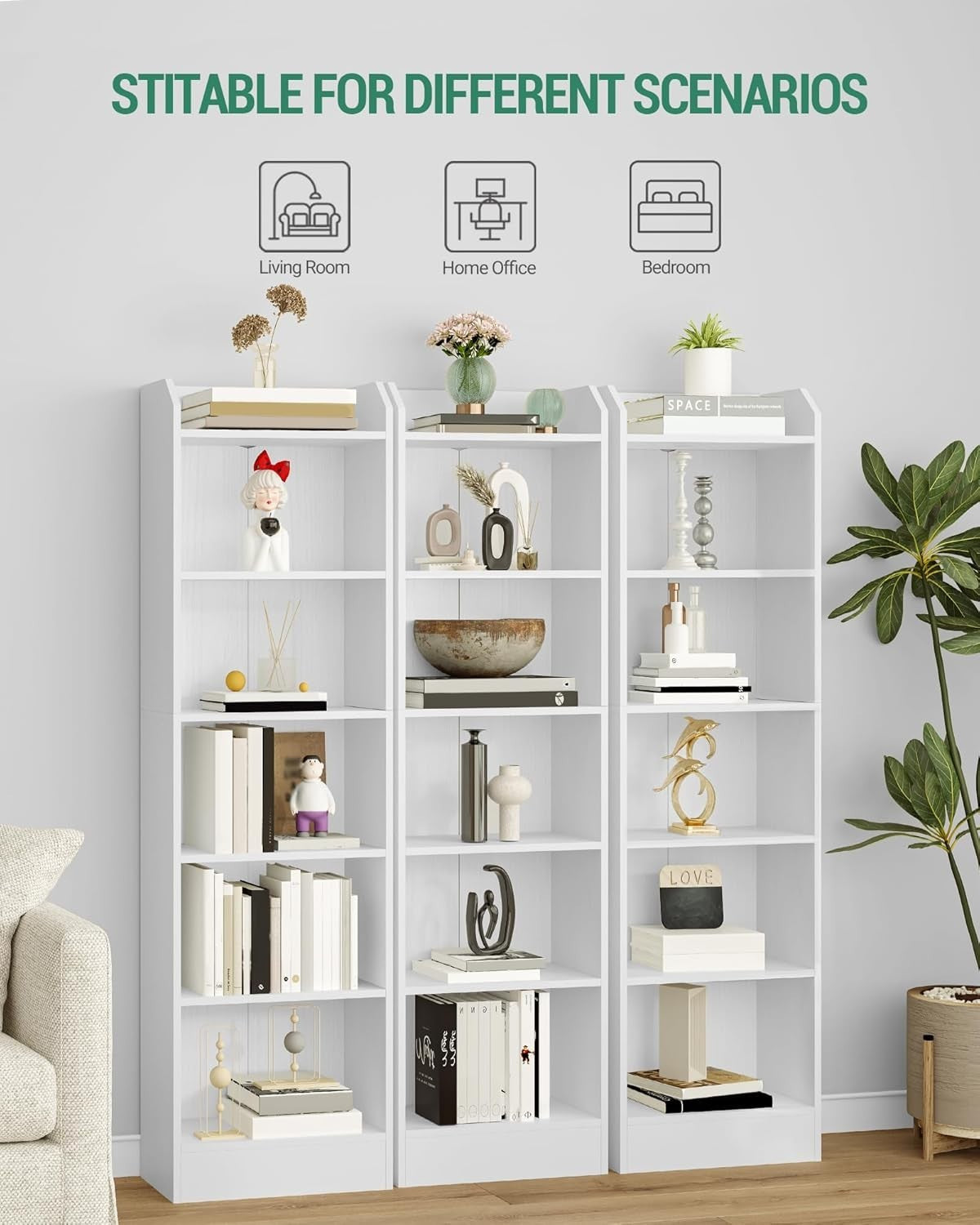 6 Tier Tall Bookcase White Wooden Adjustable Shelf Wide Storage Unit