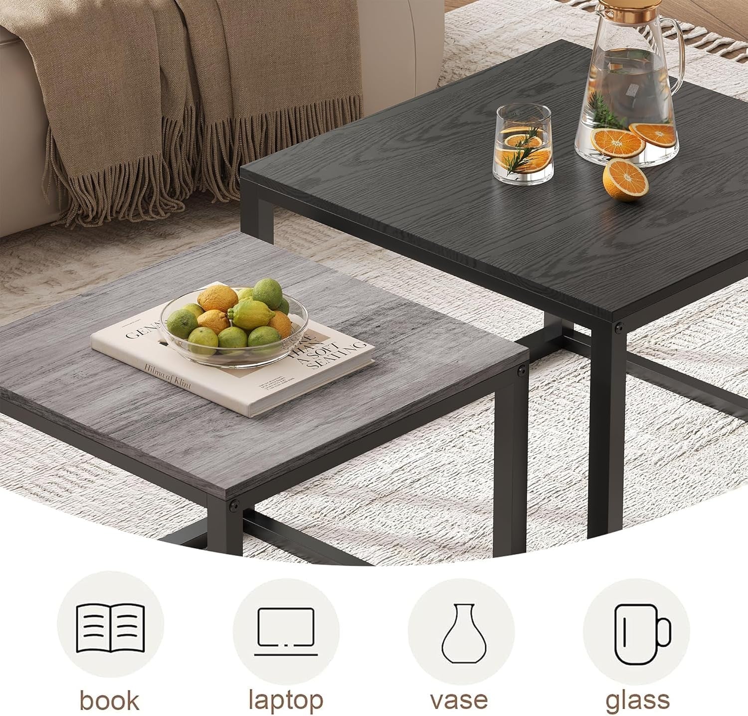 Nesting Coffee Table Set of 2 Modern Square End Side Tables Black-Gray Wood Easy