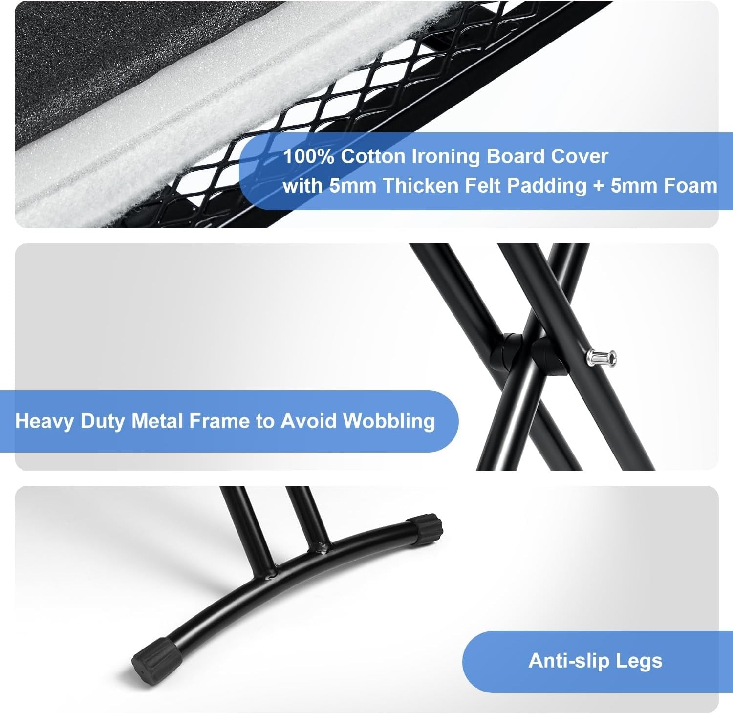 Compact Folding Ironing Board 109x38cm Black Heat Resistant Thick Pad