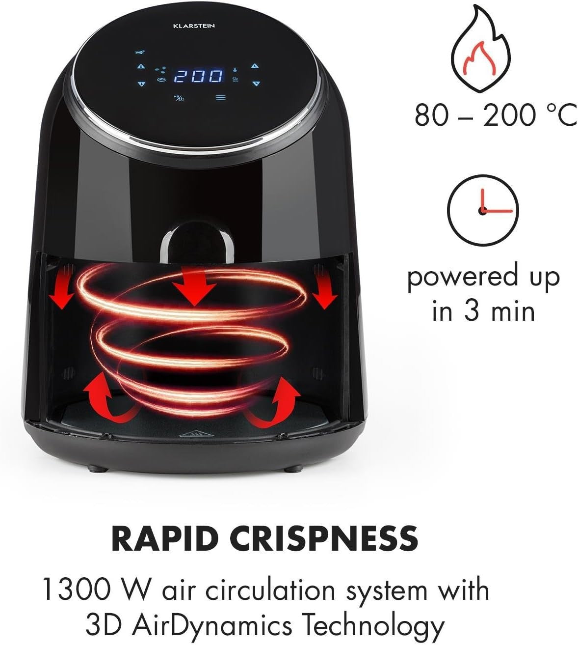 Hot Air Fryer 2.5L 1300W Fat Free Cooking 8 Programs Digital Black