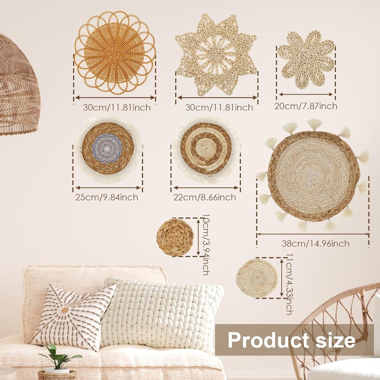 8 Pcs Boho Woven Wall Baskets Handmade Rattan Decor 7 Sizes