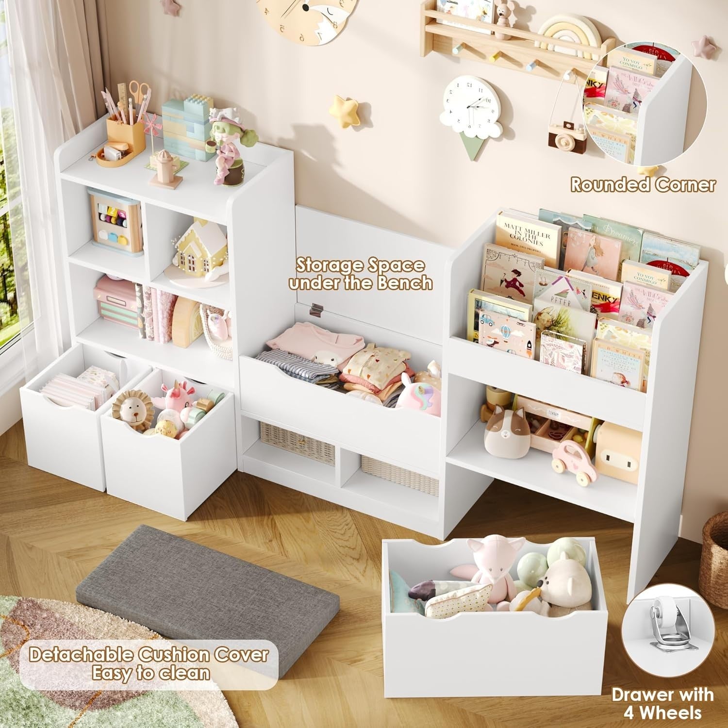 Kids Toy Storage Unit with Bench, 3 Drawers & 7 Shelves – White Organizer