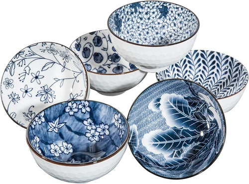 6 Pcs Blue & White Ceramic Bowls 24oz Microwave Oven Safe Stackable