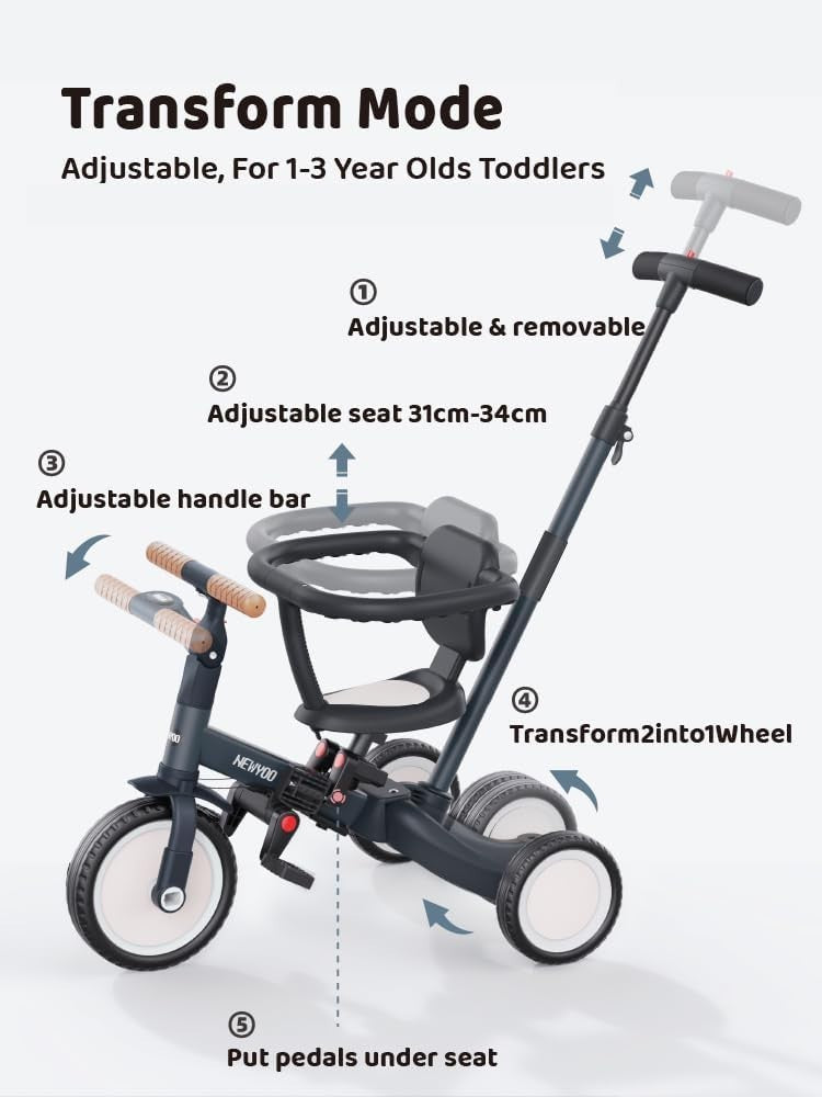 5 in 1 Toddler Tricycle Parent Handle Safety Guard Balance Bike 1-3Y