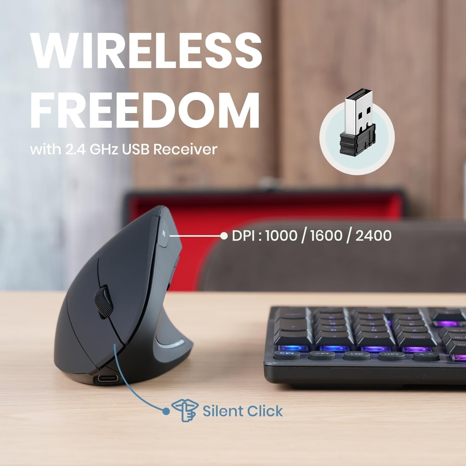 Vertical Ergonomic Wireless Mouse Rechargeable 6 Button USB