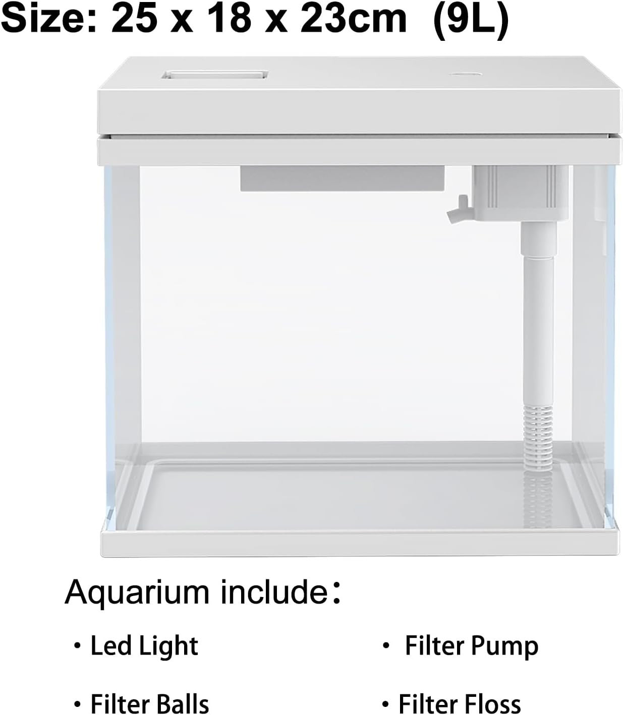 9L Nano Glass Fish Tank With LED Light Filter Rimless Aquarium