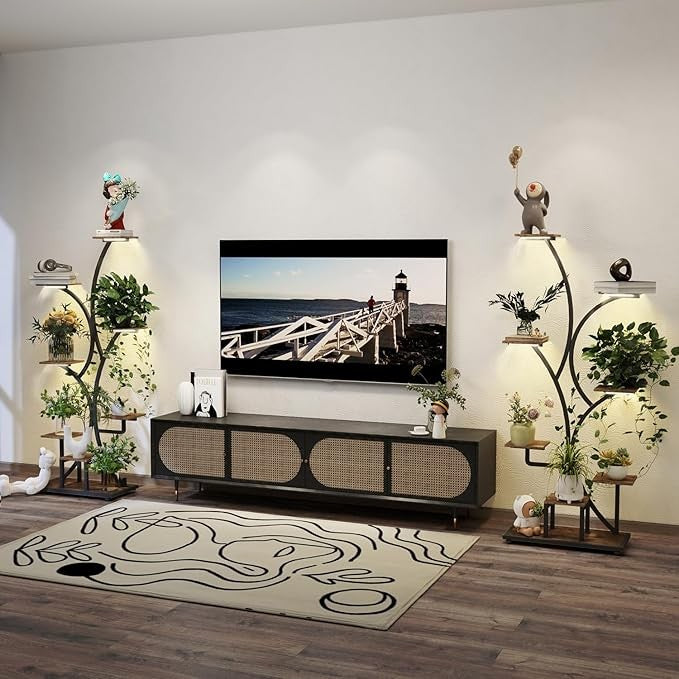 8 Tier Metal Wooden Plant Stand with LED Grow Lights Indoor Tall Flower Shelf