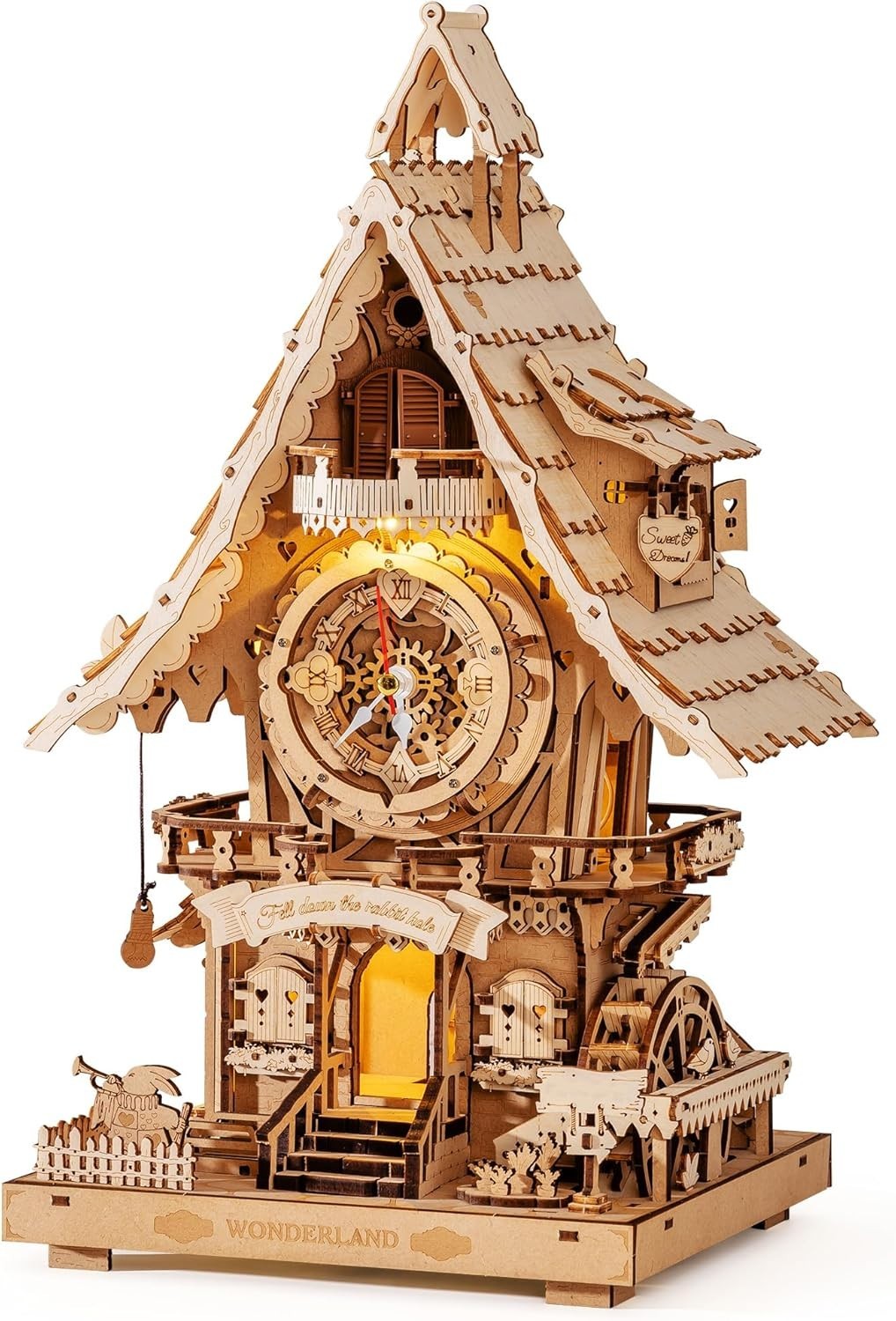3D Wooden Cuckoo Clock Puzzle DIY Model Kit LED Light Desk Decor Gift