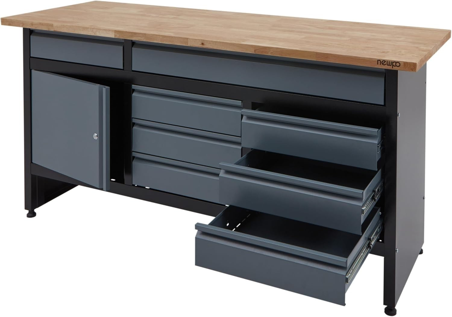1709mm Garage Workbench 8 Drawers + Cupboard 300kg Load Solid Wood Top