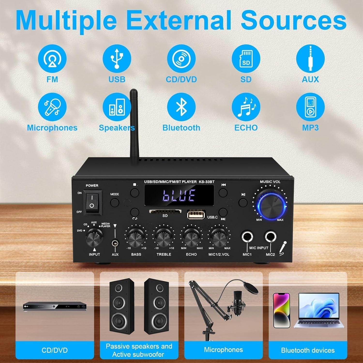 500W Bluetooth 5.0 Stereo Amplifier 2 Channel HiFi FM USB