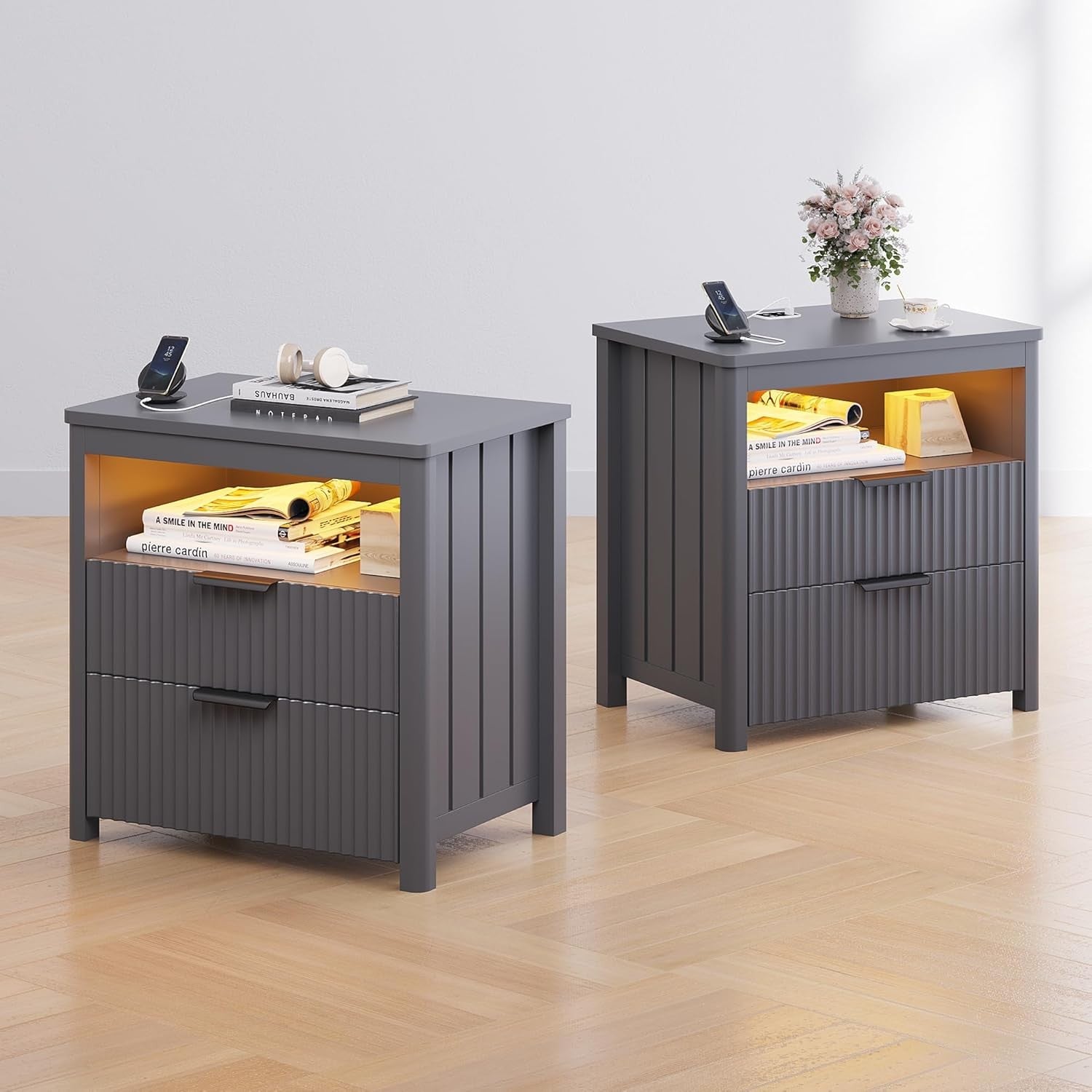 Set of 2 Grey 24" Bedside Tables with Charging Station, LED Light & 3 Drawers
