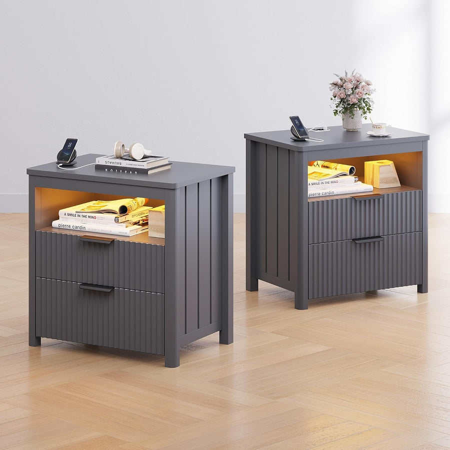 Set of 2 Grey 24" Bedside Tables with Charging Station, LED Light & 3 Drawers