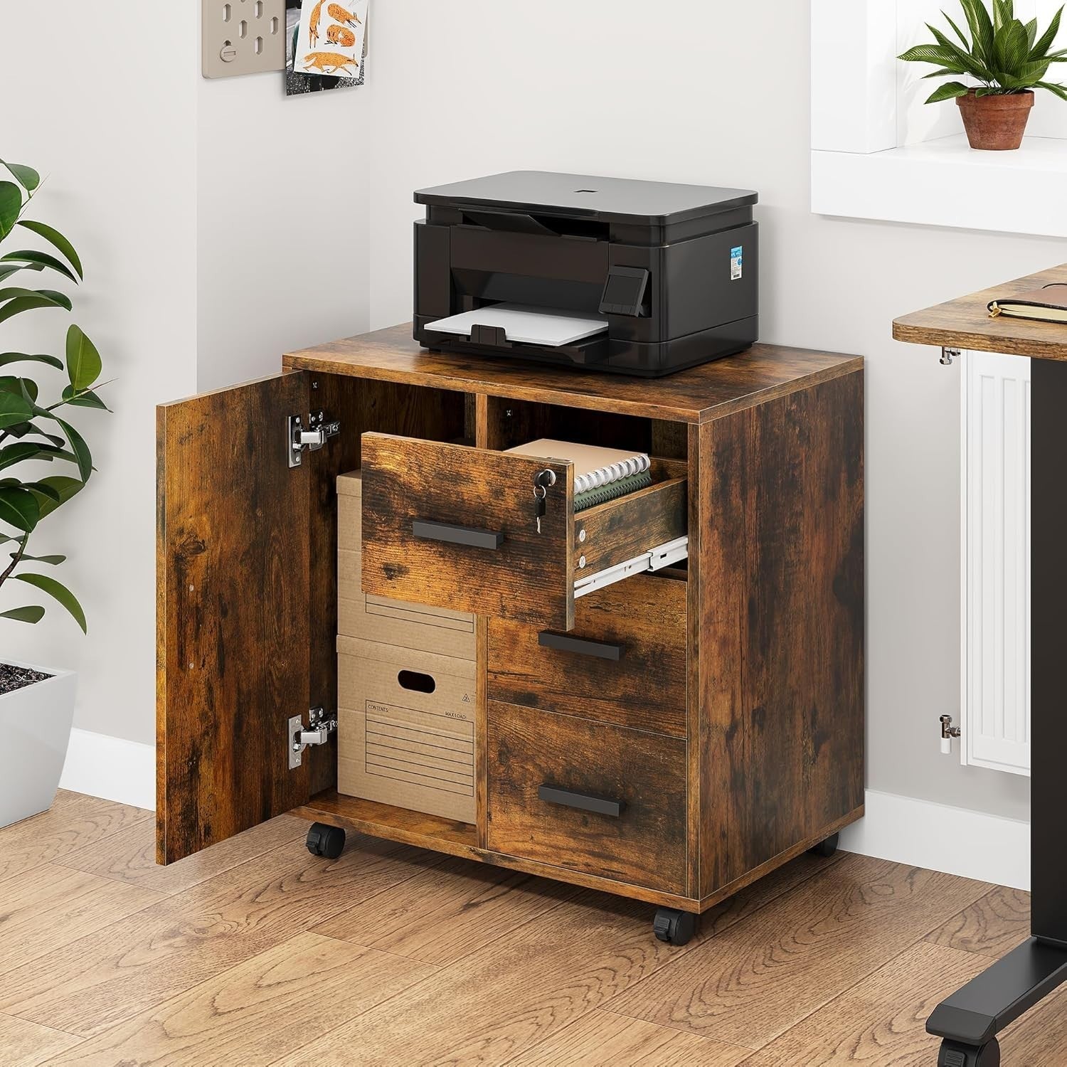 Mobile File Cabinet 3 Drawer Lockable Rolling Office Printer Stand