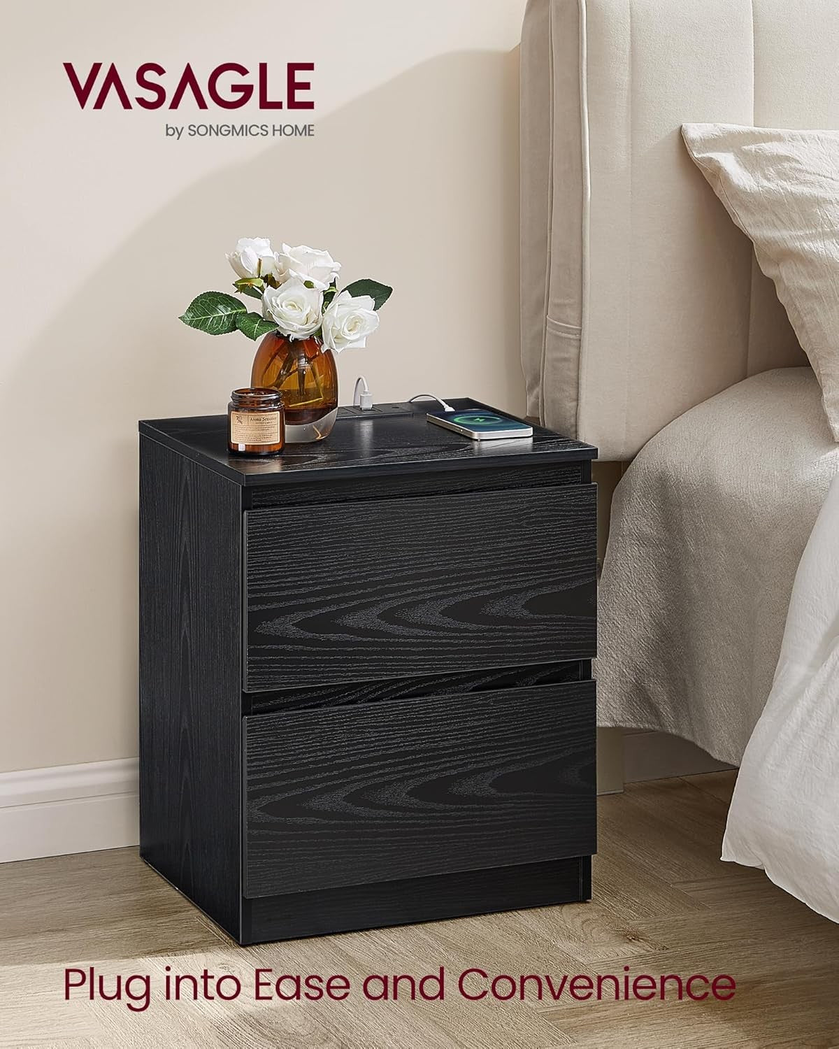 Black Bedside Tables Set of 2 with Charging Ports, 3 Drawers, Modern Storage