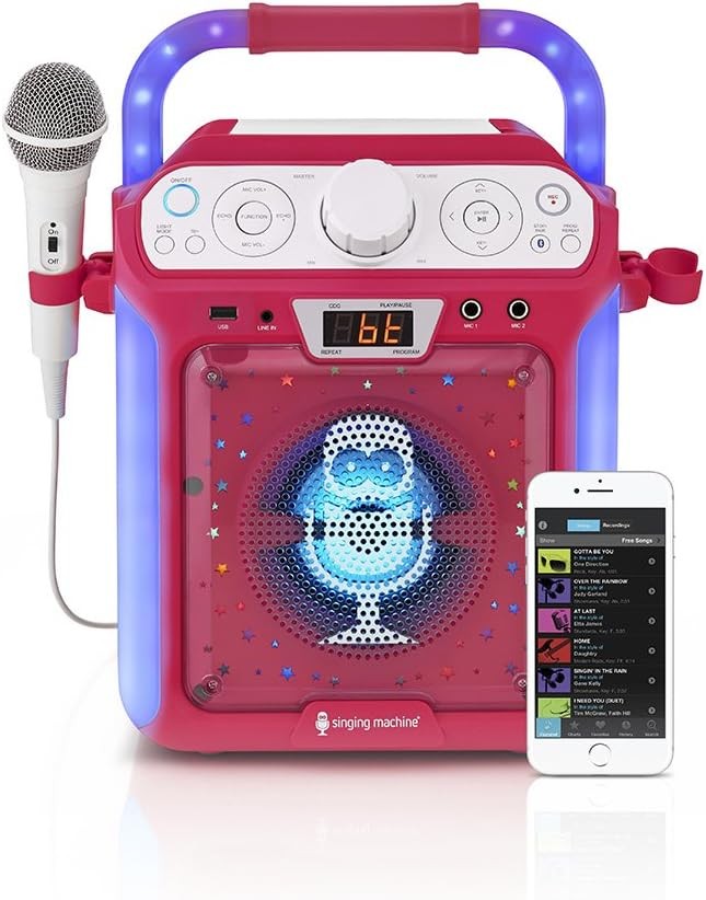 Bluetooth CD Karaoke Machine LED Lights Mic Party Speaker Pink