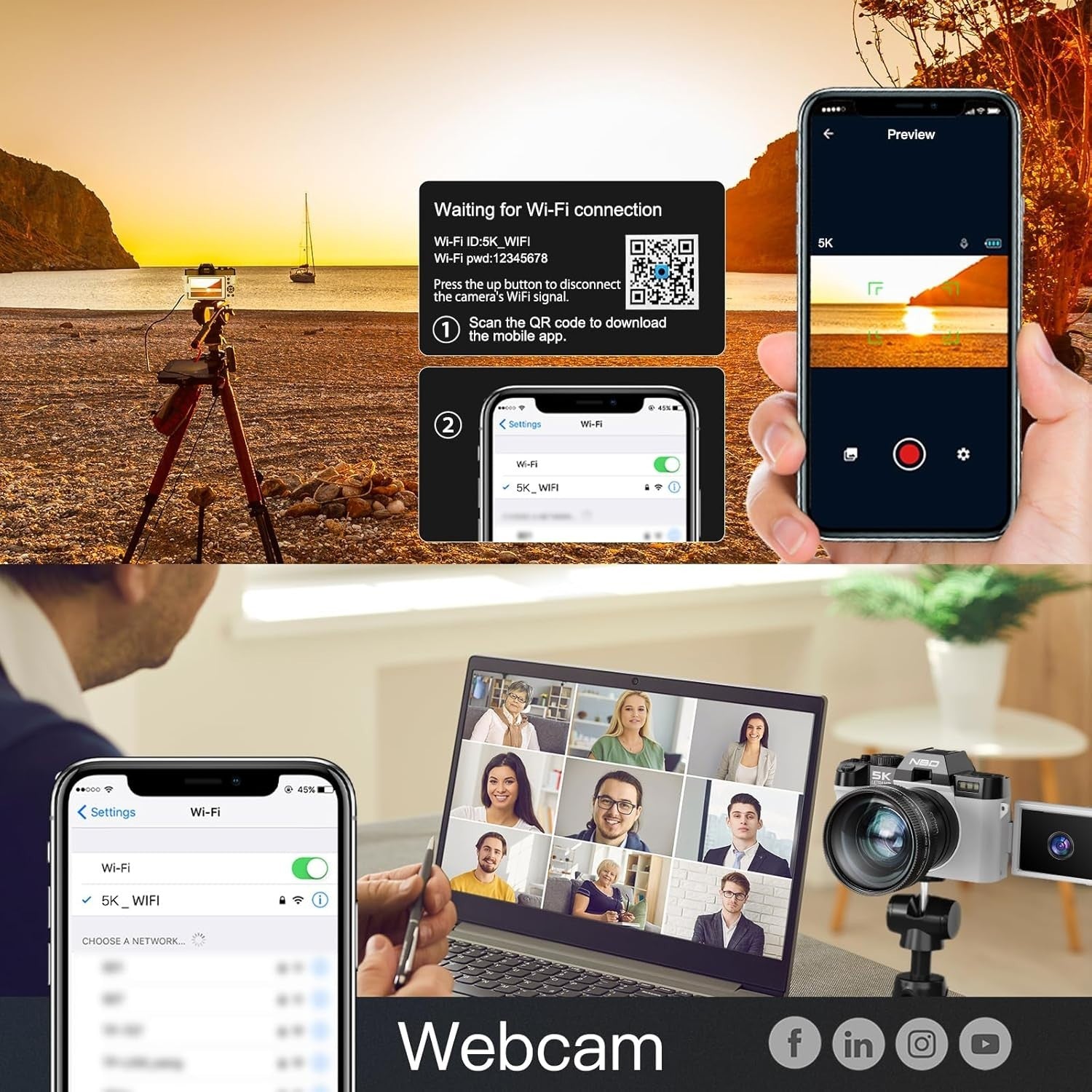5K 64MP Digital Camera WiFi Flip Screen Vlogging Camera 64GB White