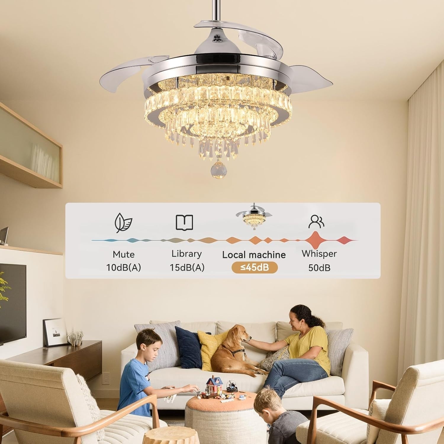 42" Crystal Ceiling Fan with Light Dimmable Remote Black