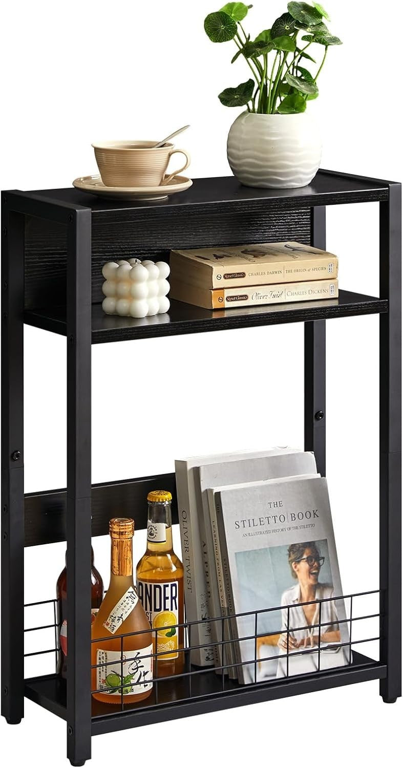 Narrow Black Side Table 3 Tier Slim End Table with Storage Shelf for Sofa Bed