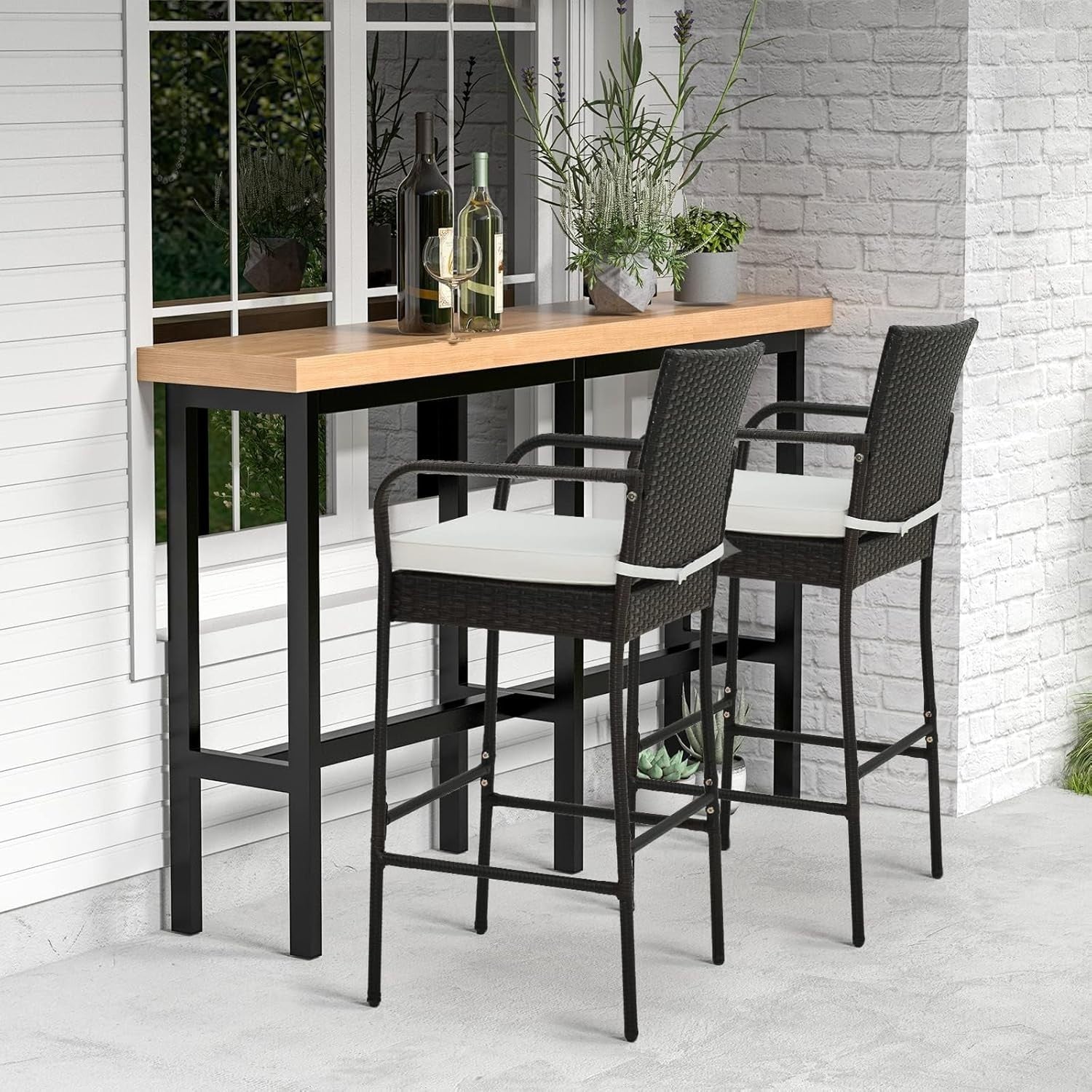 Rattan Bar Stools Set of 4 High Back Counter Chairs Cushions Footrest