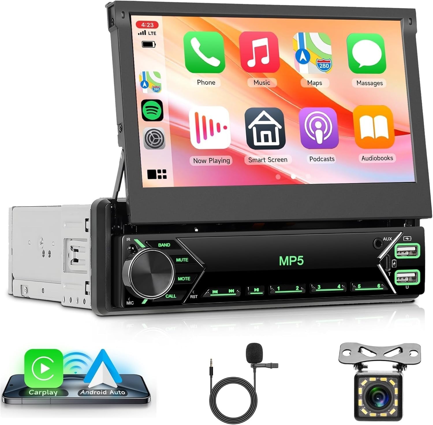 7" Flip-Out Car Stereo Wireless CarPlay Android Auto FM Bluetooth