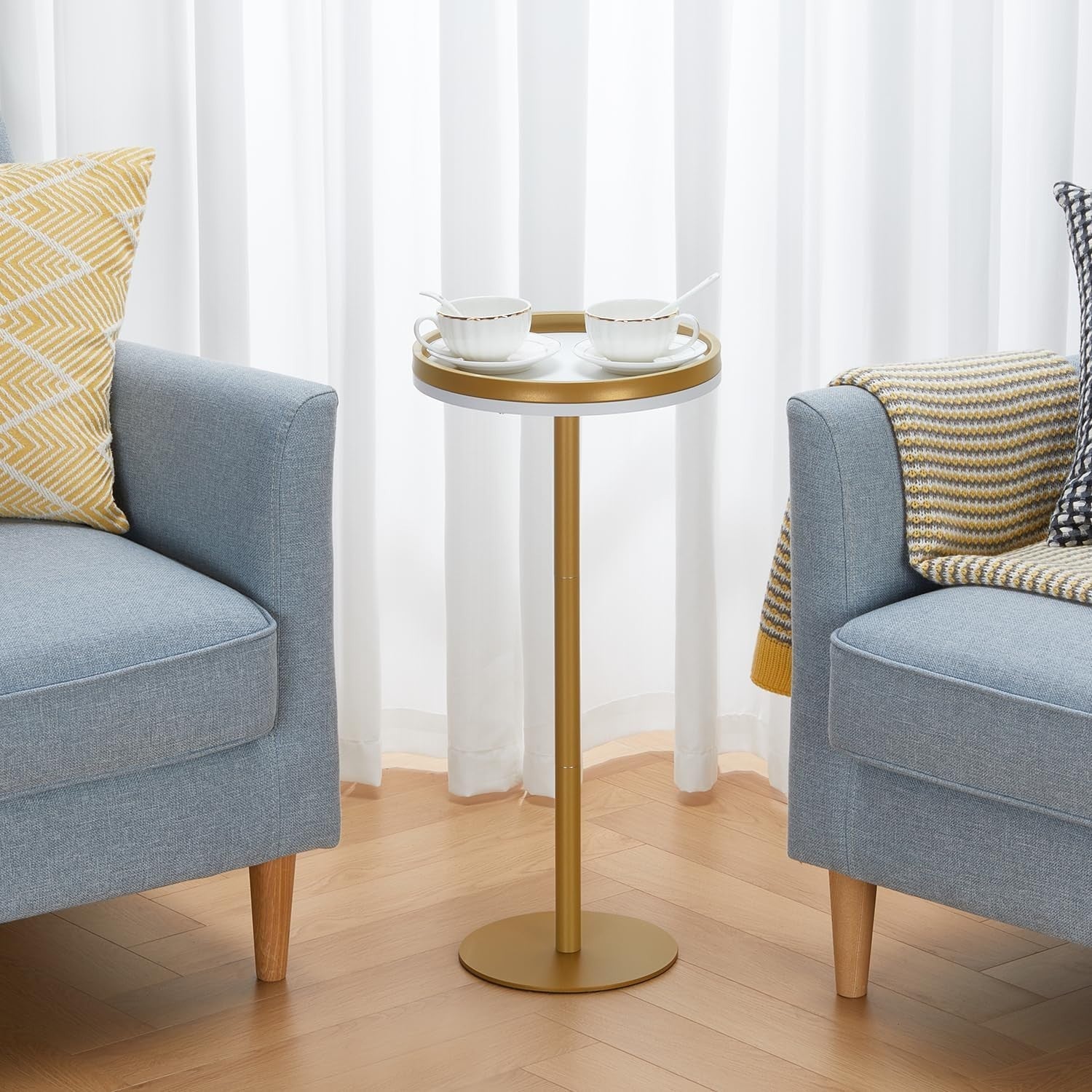 Small Round Coffee Table – 30x30x63cm Side Table White + Gold