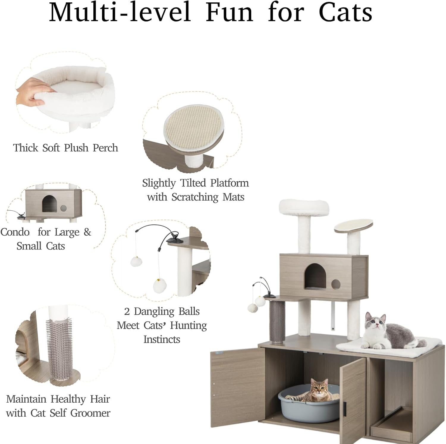 Wooden Cat Tree Tower Litter Box Enclosure Condo Scratching Post Indoor Unit
