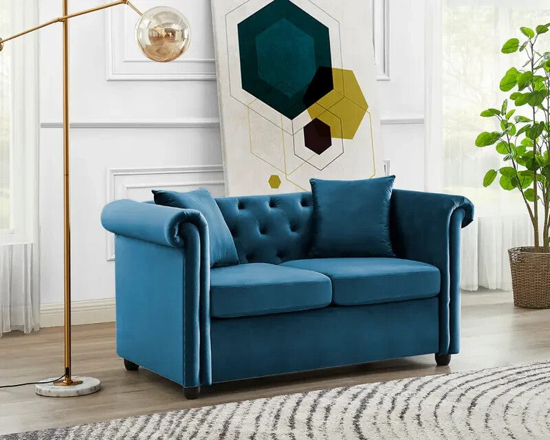 Velvet Chesterfield 2 Seater Sofa Blue | High Back Plush Armchair UK