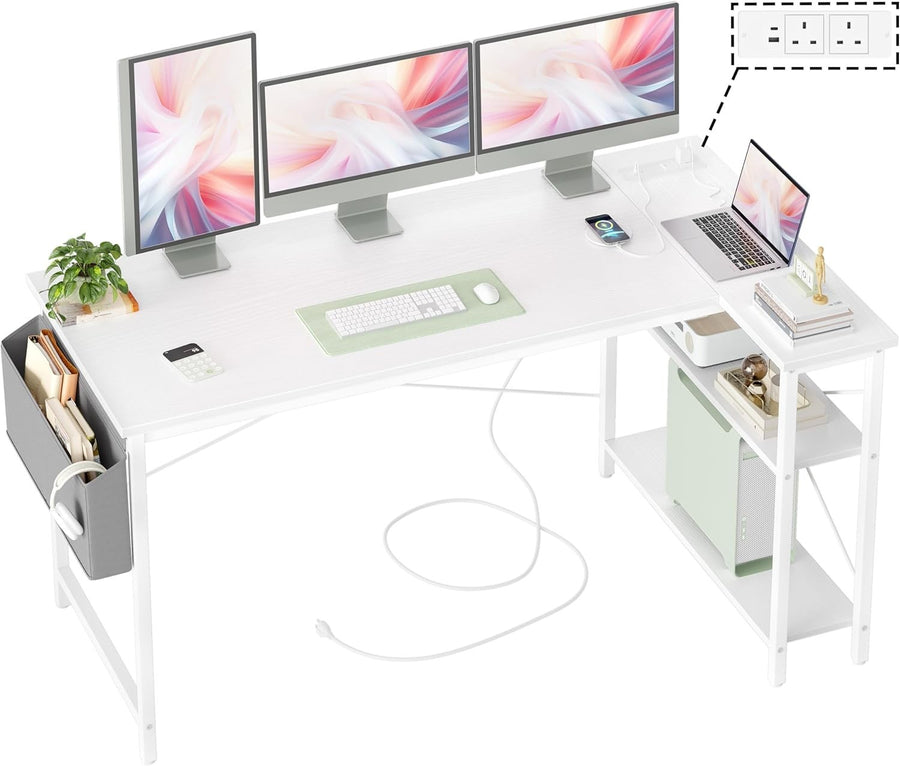 White L-Shaped Computer Desk 140x70cm with USB Power Outlets & Shelves