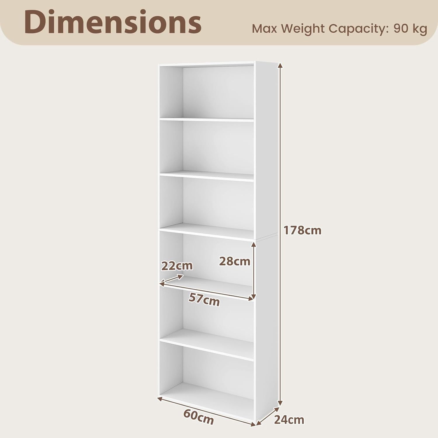 Tall White 6-Tier Bookshelf Storage Unit Modern Display Shelving for Home