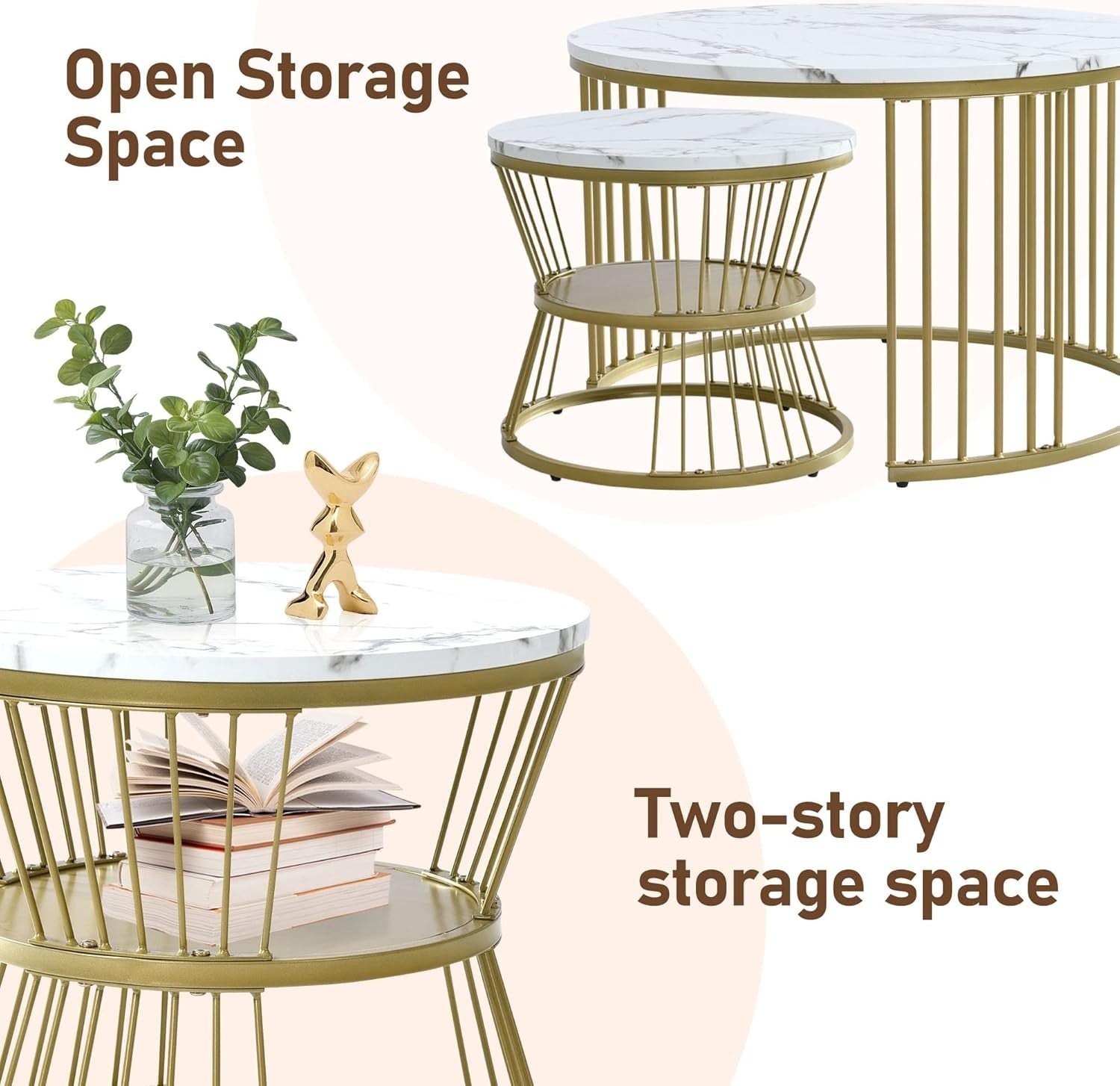 ModernLuxe Round Coffee Table Set of 2 with Gold Frame & Marble Top 70x45cm