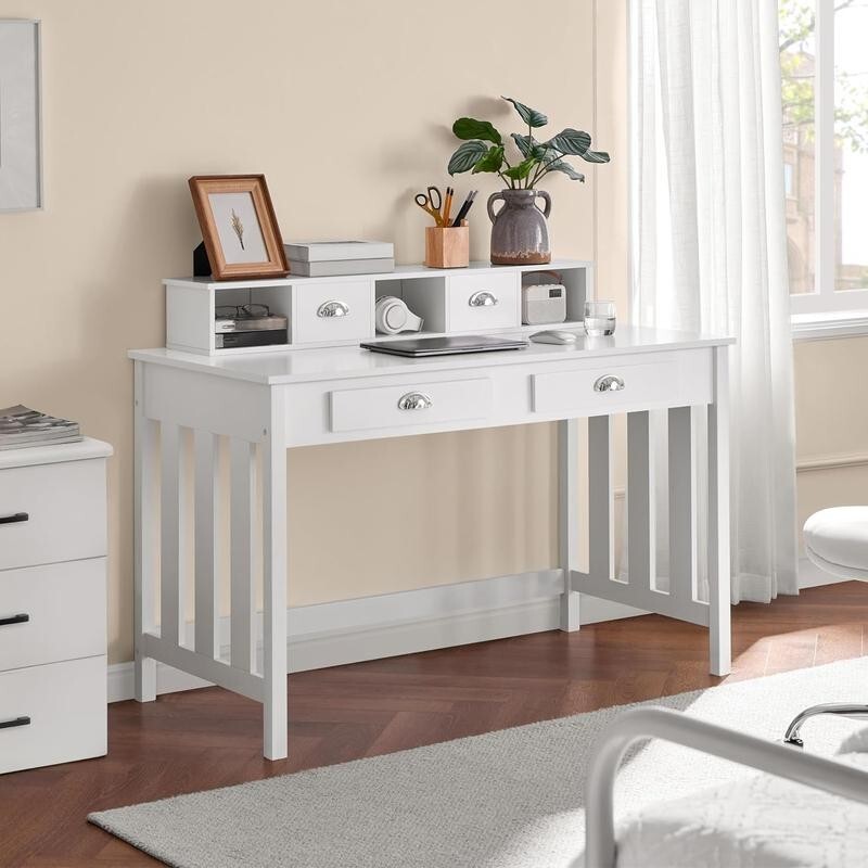 White Computer Desk 4 Drawer Home Office Table Hutch Laptop Workstation