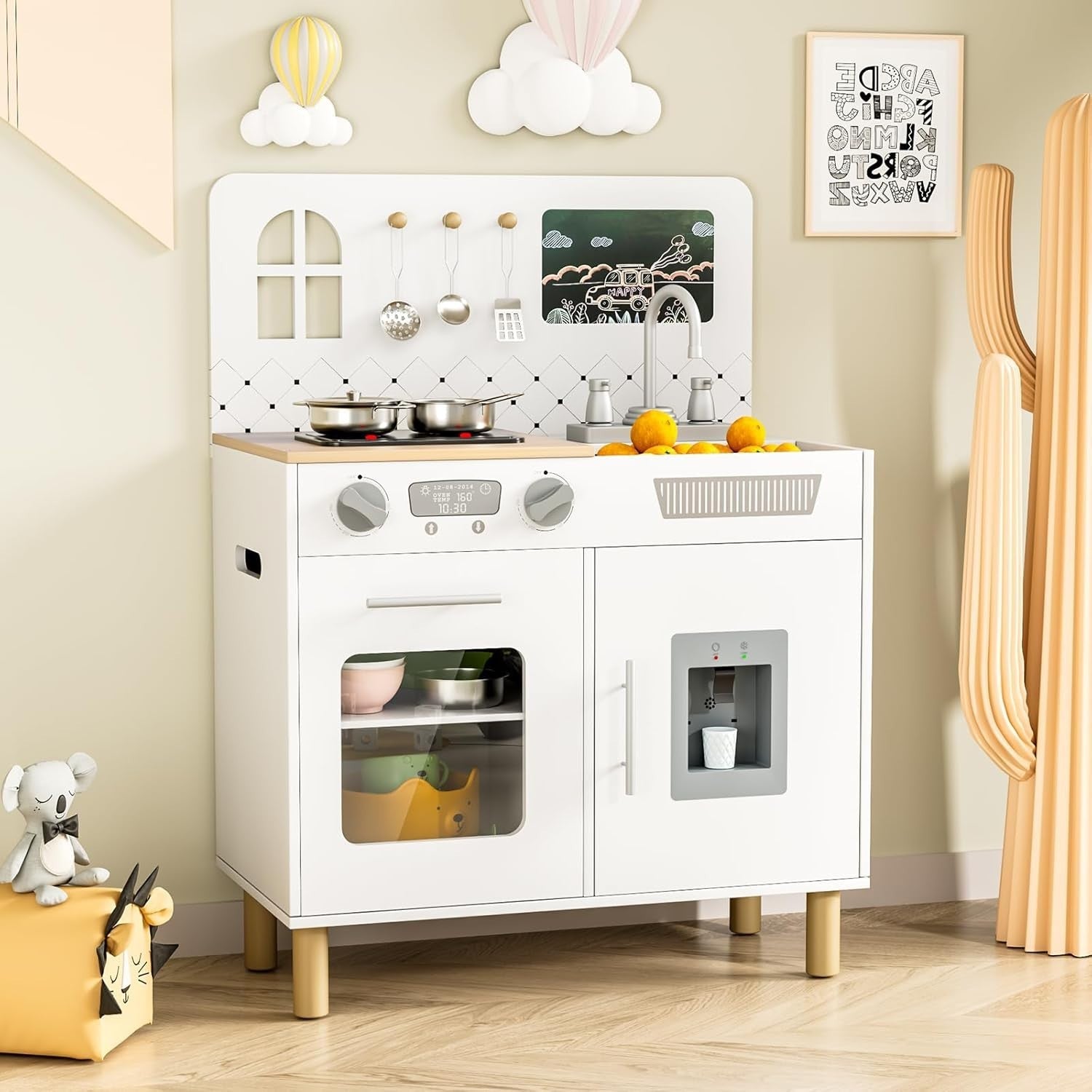Kids Wooden Play Kitchen w/ Lights Sounds Chalkboard White Toy