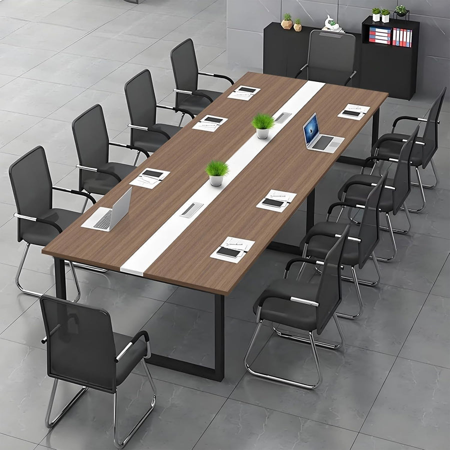 180x60cm Brown/White Office Meeting Table w/ Cable Ports & Adjustable Feet