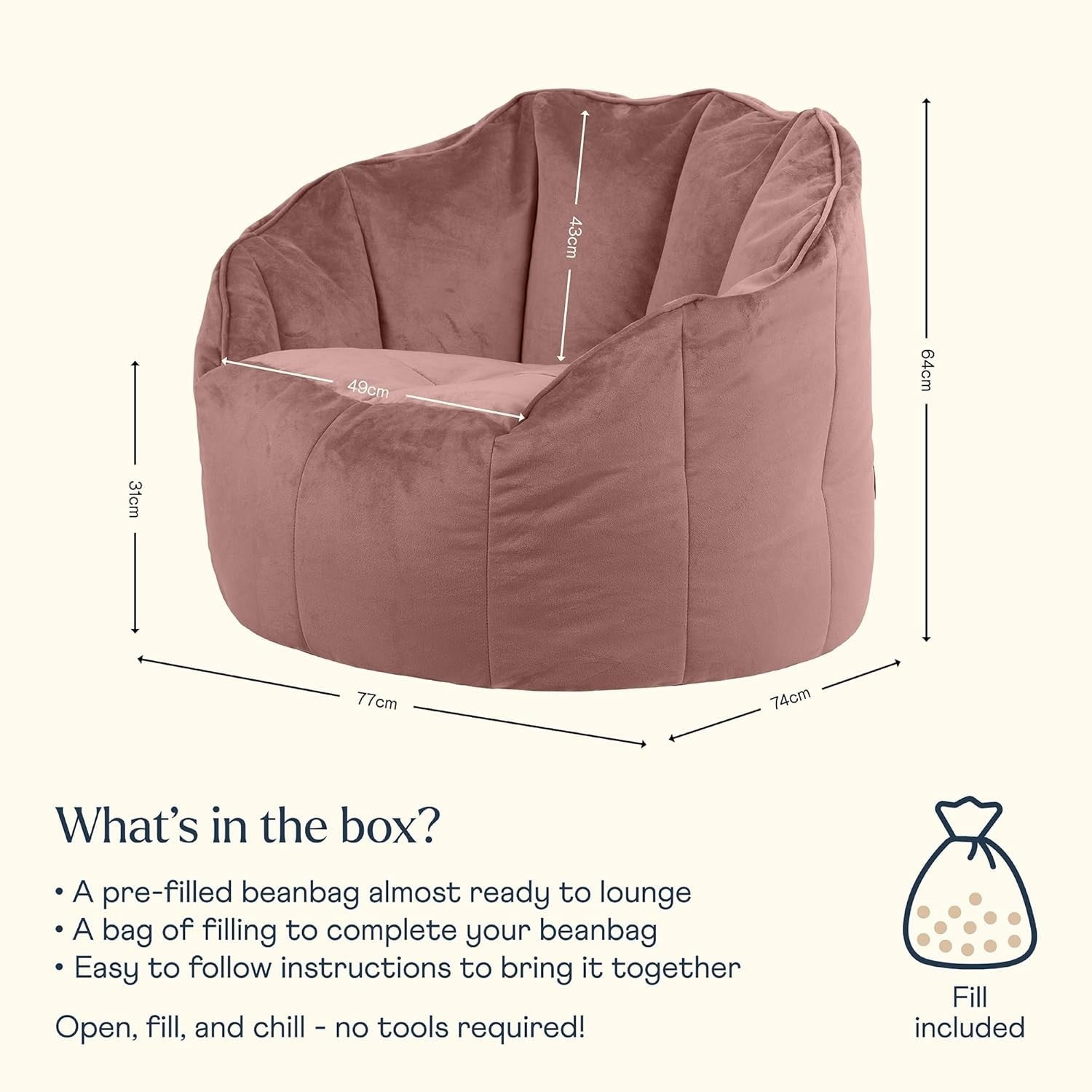 Velvet Bean Bag Chair Large Adult Seat Sofa Dusk Pink Home Lounge Comfort