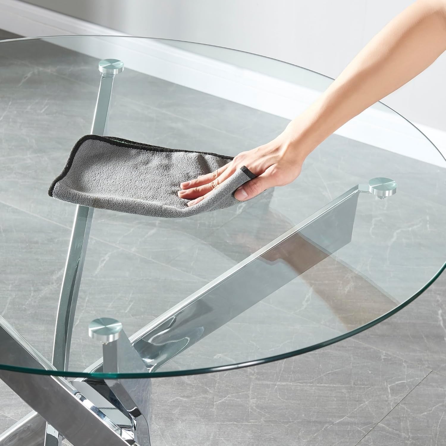 100CM Round Glass Dining Table with 4 Black Upholstered Chairs Set