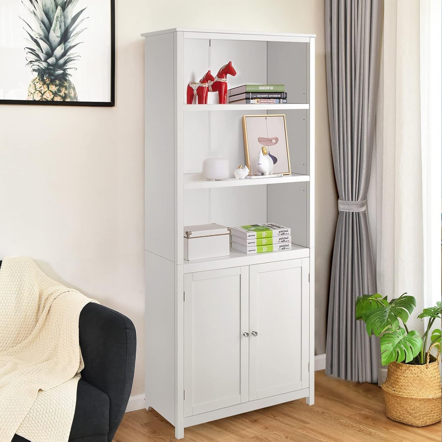 White 5-Tier Freestanding Bookcase with Cupboard, Adjustable Shelves, Tall