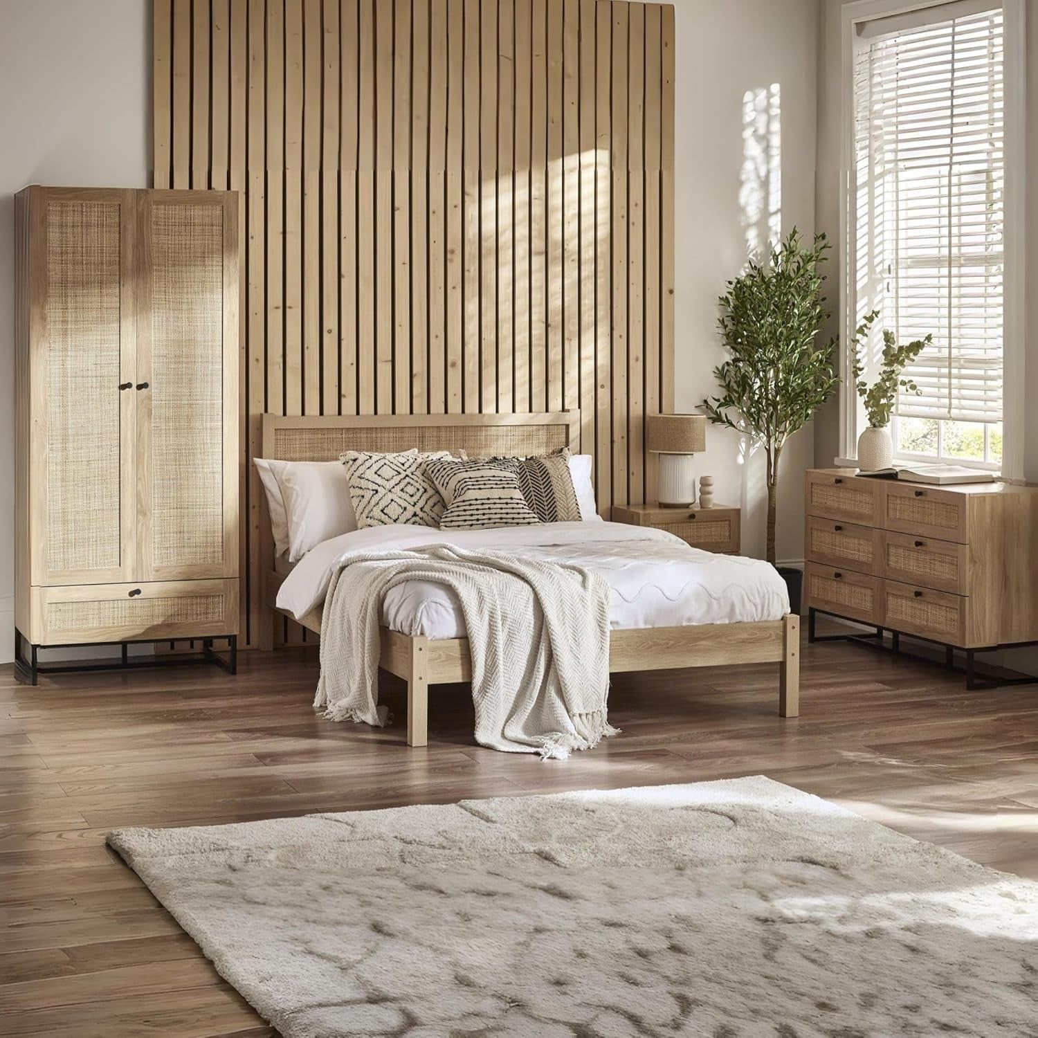 Modern Oak 2 Drawer Bedside Table with Rattan Front 50x30x55cm