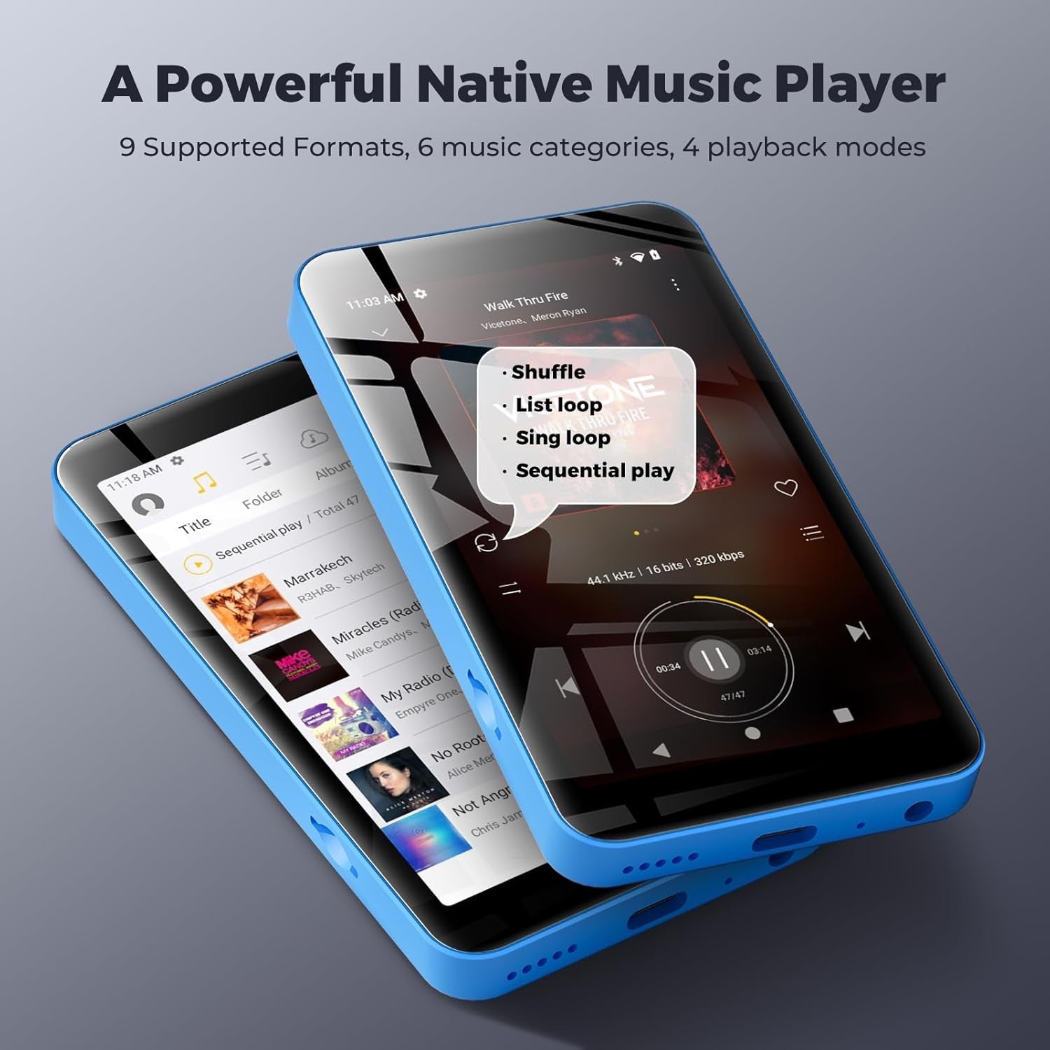 160GB WiFi Bluetooth MP3 Player Blue 4" Touch Screen FM