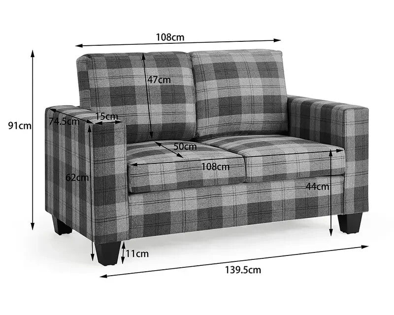 Grey Tartan 2 Seater Fabric Sofa Compact Stylish Wooden Frame UK Cert