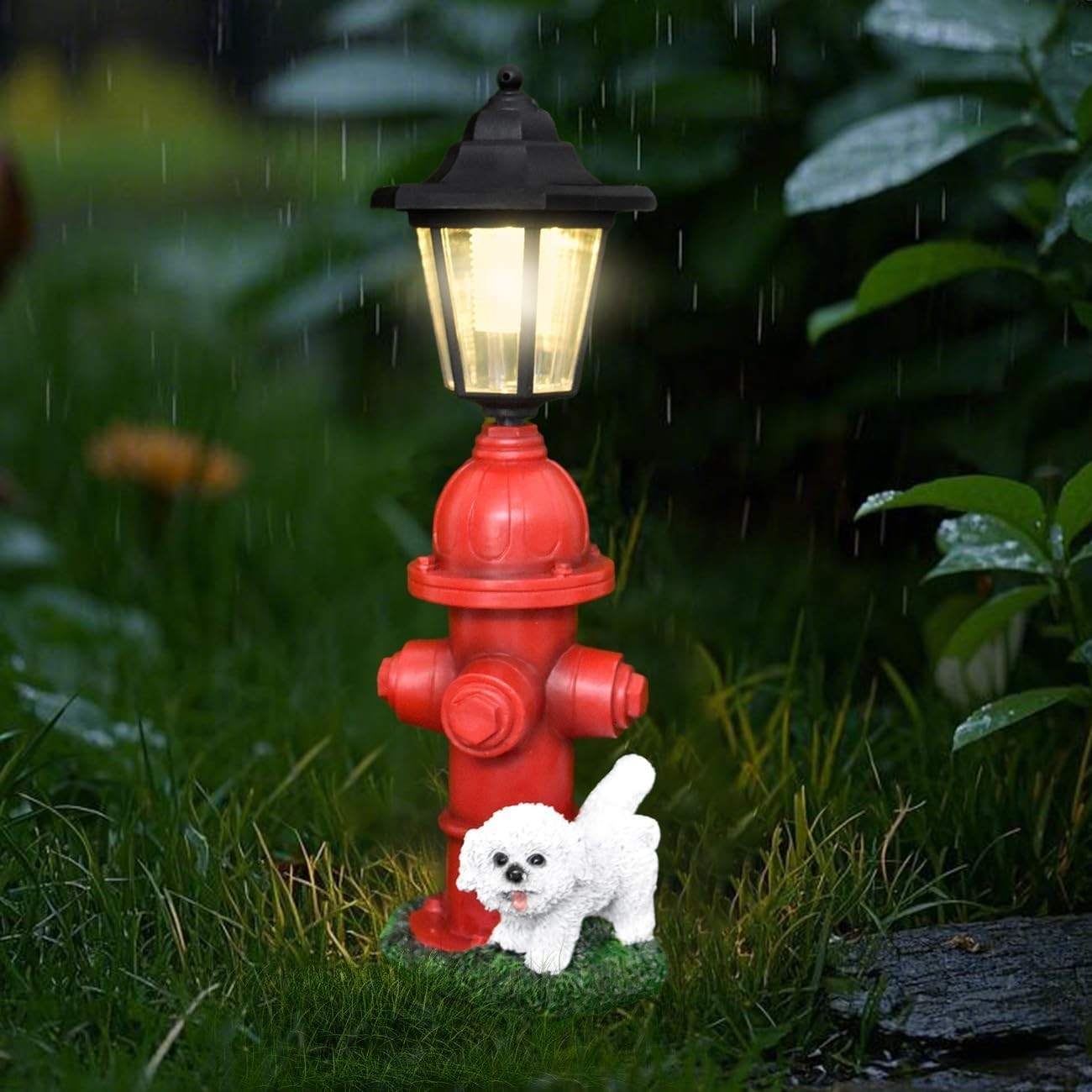 Puppy Garden Ornament with Hydrant & Solar Lamp • Resin Outdoor Statue Decor