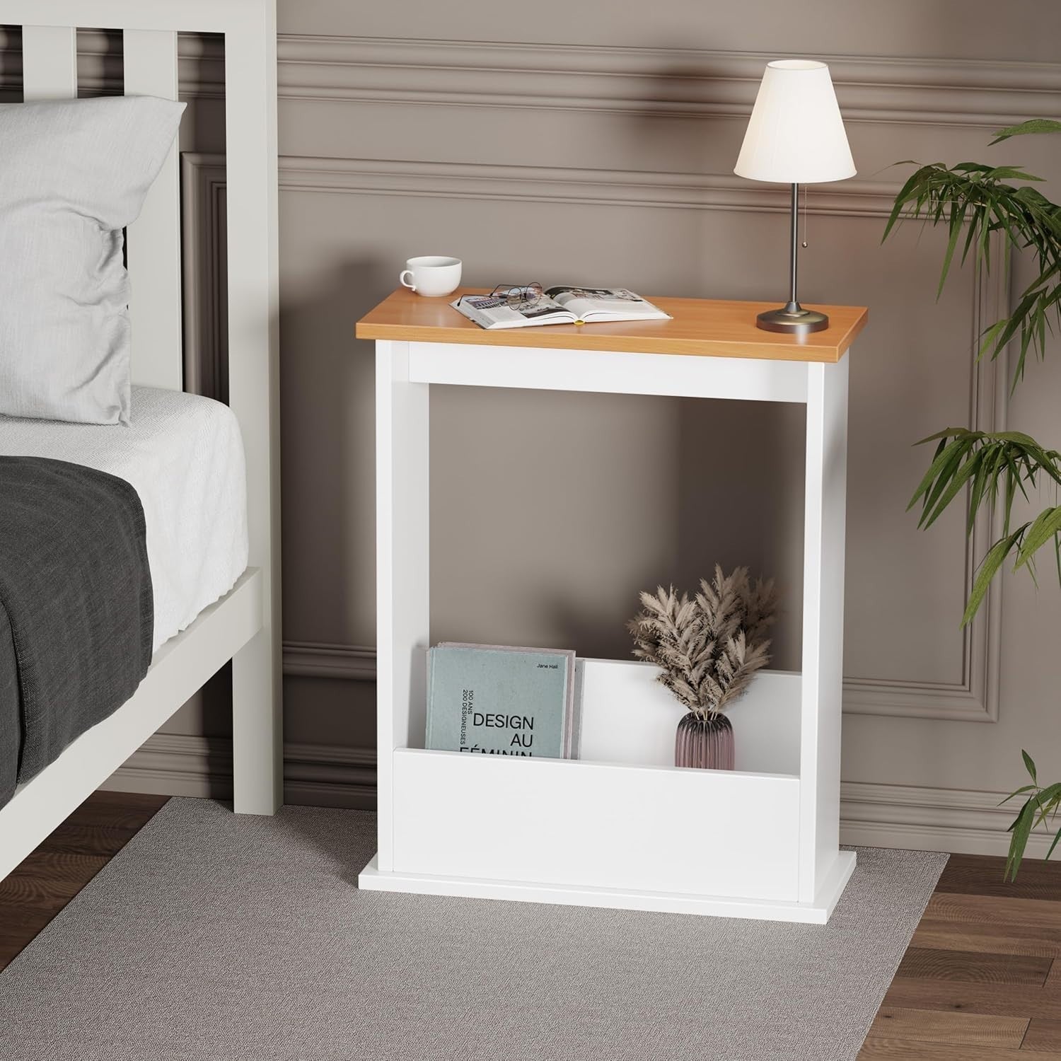 Slim Modern Side Table with Magazine Rack, Space-Saving 55x45x18cm White